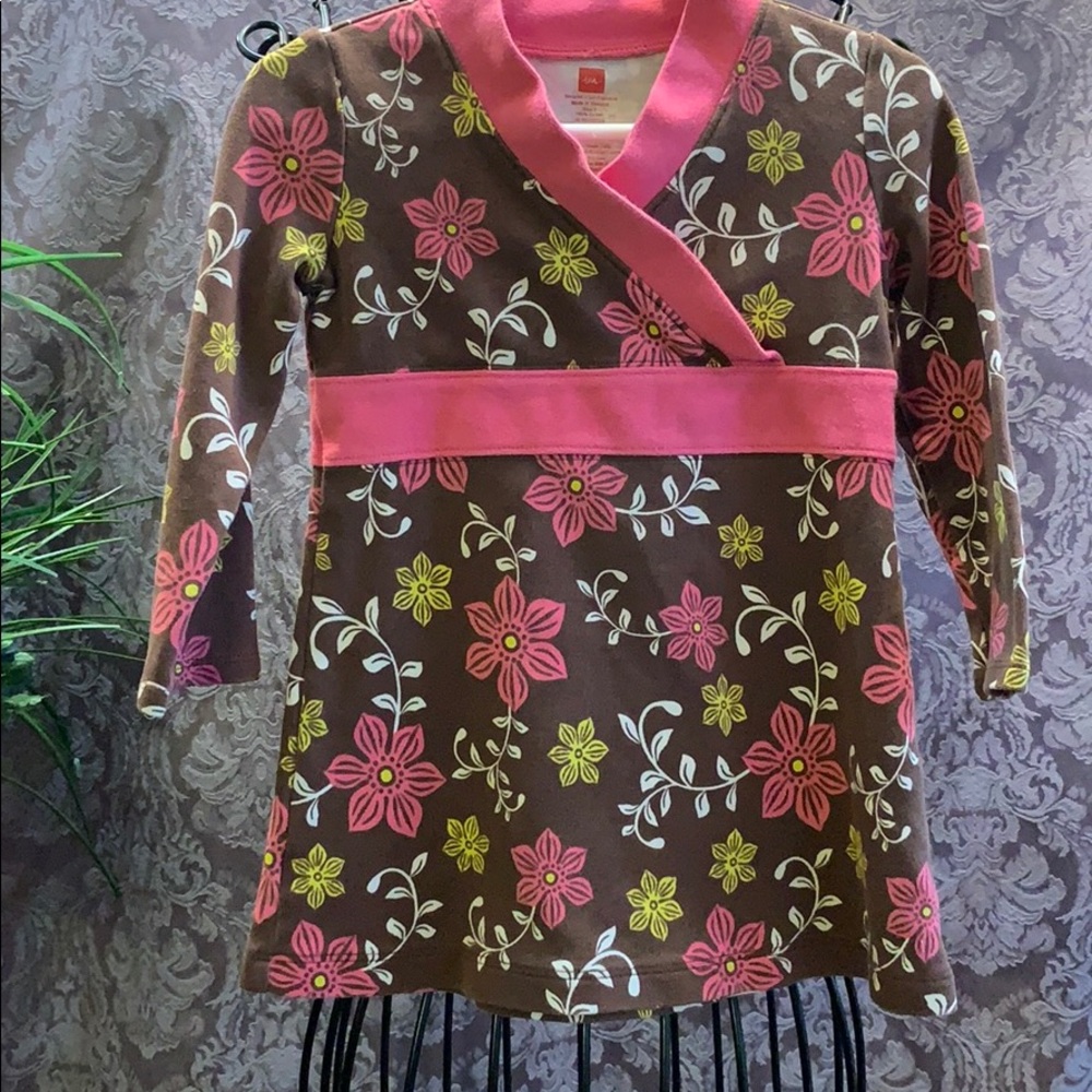 Tea Collection Faux Wrap Dress Brown w/Pink Florals Wide Band Empire Waist